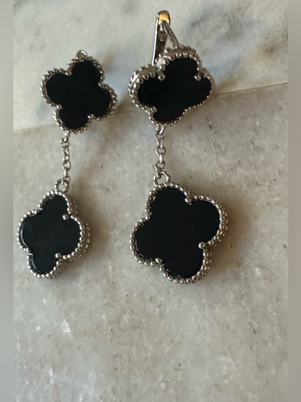 Double Clover Black Agate Halo Drop Earrings